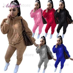 Womens Plush Warm Fluffy Tute Autunno Home Due pezzi Set Casual Teddy Manica lunga Felpa con cappuccio Pantaloni da jogging Tuta da esterno T230808