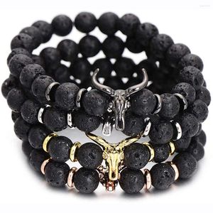 Strand Punk CZ Bull Head Skull Men Bracelet Fashion 8MM Lava Stone Beads Charm Bracelets & Bangles Macrame Jewelry Gift