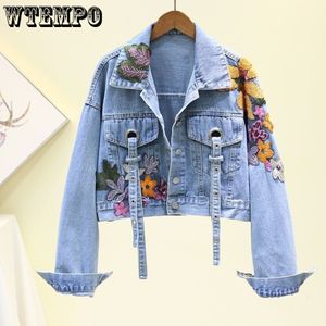 Damenjacken, Blumenstickerei, Pailletten, Jeansjacke, kurzes Oberteil, lockerer Denim 230808