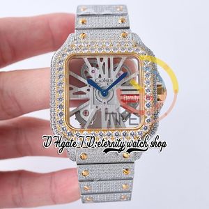 SF TWW0009 Swiss Ronda 4S20 Quartz Mens Watch Fully Iced Out Big Diamonds Yellow Gold Bezel Roman Markers Skeleton Diamond Dial Steel Bracelet Super Edition Watches