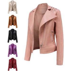 Chaquetas para mujer Moda Faux Pu Leather Mujer Primavera Otoño Prendas de abrigo Bolsillo con cremallera Abrigo Slim Fitted Jacket Red Black Femme Clothing 230808