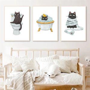 Lustiges Katzen-Toilettenschild, Poster und Drucke, lustige Cartoon-Tiere, Leinwandgemälde, Wandkunst, Waschraum, Badezimmer, Dekoration, Heimdekoration, Bild Wo6