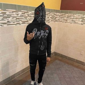 Men's Hoodies Y2K Full Zip Up Men Autumn Winter Gothic Rhinestones Web Sweatshirt Hip Hop Grunge Skeleton Oversized Jacket