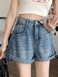 Women's Shorts Spring Summer Women Retro Loose Elastic Waist Blue Denim Streetwear Female Wide Leg Button Jeans