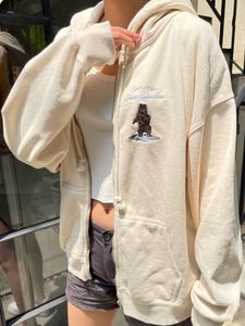 여자 후드 땀 셔츠 곰 자수 zip up homes beige cotton pockets 가을 후드 y2k 빈티지 스트리트웨어 캐주얼 스웨트 셔츠 탑 230808