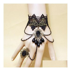 Earrings Necklace Set Handmade Vintage Ethnic Bracelet Hand Finger Ring For Women Antique Bronze Charms Chain Black Lace J Dhgarden Dhyls