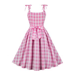 Urban Sexy Dresses Women Vintage Pink Plaid Dress Retro Rockabilly Bowtie Suspenders Cocktail Party 1950s 40s Swing Dress Summer Dress 230807