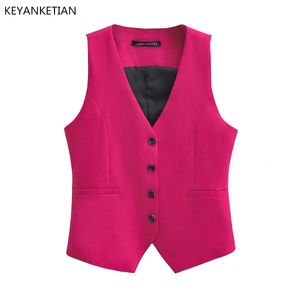Kadın Yelekler Keyanketian V yaka tek göğüslü gül kırmızı takım yeleği kadın ince kısa moda asimetrik ince kolsuz ceket 230808