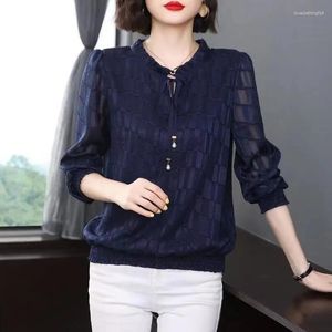 Women's Blouses Oversized 5XL Women Lace-Up Loose Blusas Summer Causal Elegant Tops Korean Fashion Chiffon Shirt Thin Long Sleeve Camisas