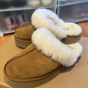 Designer fluffy slipper australia platform slippers ug scuffs wool shoes sheepskin fur real leather classic brand casual women outside slider uggz Size 35-43