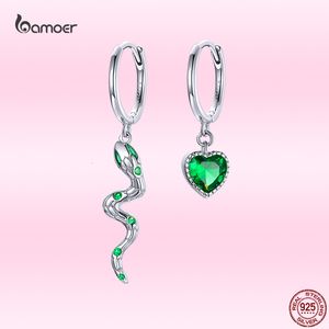 Hoop Huggie Silver Snake Love Earring Real 925 Sterling Green Heart CZ Earrings For Women Wedding Fine Jewelry SCE1006 230808