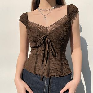 Czołgi damskie vintage brązowe koronkowe mozaiki Kobiety Niski kwadratowy szyja krótki rękaw Slim T-shirt dama letnie mody małe ubrania