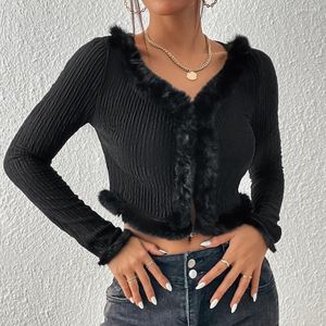 Women's Knits Sexy Black Cropped Cardigan Women Autumn Winter Slim V-neck Patchwork Feather Long Sleeve Sweater Jacket Femme