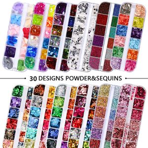 Glitter per unghie 12 griglie Set di dimensioni miste Fiocchi Paillettes 3D Paillette Polvere Fascino Decorazione artistica Strumenti per manicure CT0120 230808