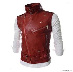 Män västar män passar väst svart lapel krage blixtlås kort läder mode casual punk stil gilet för steampunk kläder