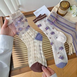 Kvinnor Socks Woman Thin Summer Fashion Purple Flower Kvinnlig casual kawai japansk stil besättning söt mjuk transparent tjej