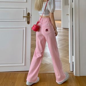 Jeans Feminino Jeans Rosa Estampado Cintura Alta Calças de Pernas Largas Estilo Y2K Moda Vintage Feminino Outono Calças Retas 230807