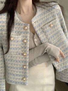 여자 재킷 Woherb 캐주얼 탑 패션 트위드 스트라이프 여성 2023 Ropa Mujereverament 튜닉 빈티지 한국 코트 옷 230808