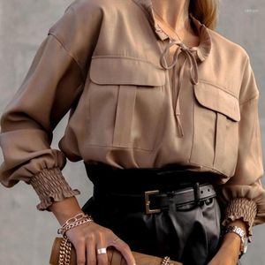 Blusas femininas moda simples com cadarço decote babado feminino primavera sólido bolso frontal camisas de escritório outono manga longa solto top pullovers