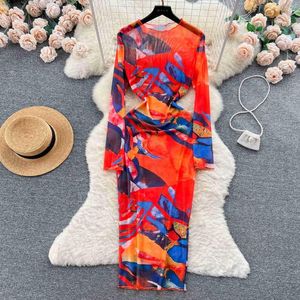 Lässige Kleider Damenmode Sommer Langes Kleid Rundhalsausschnitt Volle Ärmel Graffiti-Druck Schlankes, figurbetontes, durchsichtiges Mesh-Boho-Strand-Maxi