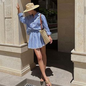 Women Shirt Pleated Skirt Long Sleeve Striped Jacket Lace Edge Skirt Sexy Miniskirt Casual Tops Coat Skirt Set