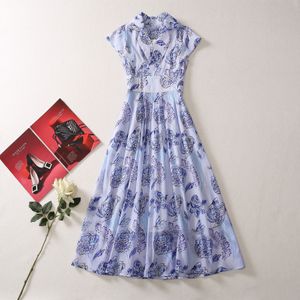 2023 Summer BlueFloral Print Dress Sleeveless V-Neck Long Maxi Casual Dresses A3Q102216