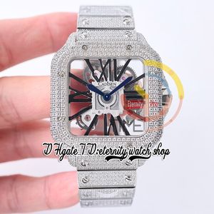 SF TWF0027 Swiss Ronda 4S20 Orologio da uomo al quarzo Completamente ghiacciato Diamanti Lunetta Marcatori romani neri Quadrante scheletro Bracciale in acciaio con diamanti Orologi eternity Super Edition