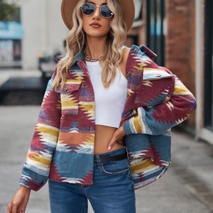 Womens Jackets Vintage Jacket Women Splicing Loose Denim Print Aztec Retro Ethnic Style Long Sleeved Shirt Streetwear Female Goth Coat 230808