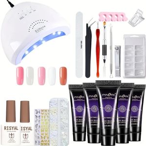 21st/20st Gel Nail Extension Kit With UV Light - 5 Colors Classic Fake Nails Gel Polish Set, Portable Mini LED USB Lamp, allt i ett manikyrpaket för Starter, DIY Salon Home