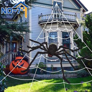 Inne imprezy imprezowe Halloween Giant Spider Duże przerażające dekoracje na halloweenowe dekoracje na świeżym powietrzu Plush Fake Spider Web Likupidacja Halloween na podwórko 230808