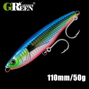 Betar lockar Greenspider Sea Fishing Lure Stickbait Pencil Lure Sinking 110mm 50G GT Fishing Saltwater Stick Artificial Bait 230807