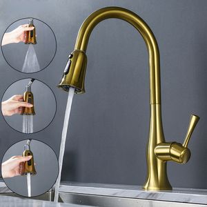 Brushed Gold 3 Way Pull Down Sprayer Brass Kitchen Spigots Sink Faucet Mixer Tap 360 Degree Rotation Extendable Faucets
