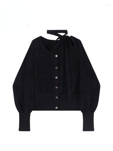 Women's Knits Spring Vintage Black Sweaters For Women Single Breasted Loose O-Neck Korean Sweet Long Sleeve Female Knit Cardigans Coat Tops