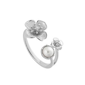 Anelli aperti in argento sterling 925 per gioielli con perle regolabili con fiore geometrico da donna