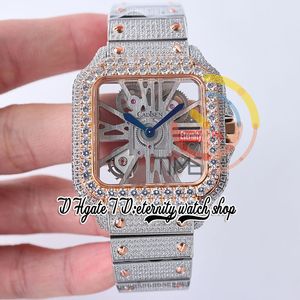 SF TWW0008 Swiss Ronda 4S20 Orologio da uomo al quarzo Completamente ghiacciato Grandi diamanti Lunetta in oro rosa Marcatori romani Quadrante scheletro Bracciale in acciaio con diamanti Orologi Super Edition