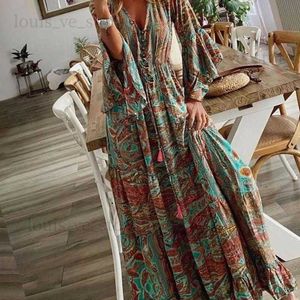 Casual Dresses Women Summer Beach Boho Maxi Dress Ladies V-Neck Floral Print Three Quarter Sleeve Party Long For Leisure T230808