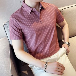 Polo masculina 2023 verão negócios lapela listrada camiseta elástica sem costura moda casual casual