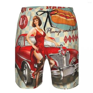 Herren-Shorts, Strand-Shorts, Schwimmen, Vintage-Hunde-Poster mit Pin-Up-Girl und Retro-Auto-Surf-Sport-Brett-Badebekleidung