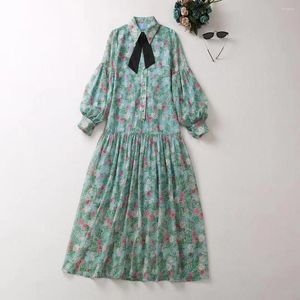 Casual Dresses European and American Women's Clothes 2023 Spring Lantern Sleeve Long Lapel Green Print Fashion Pleated Dress XXL