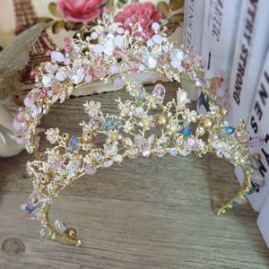 Bröllop hår smycken brudar hår smycken barock handgjorda pärlor rosa guldfärg kronor kristall tiara söt prinsessa tiaras bröllop hår tillbehör 230808