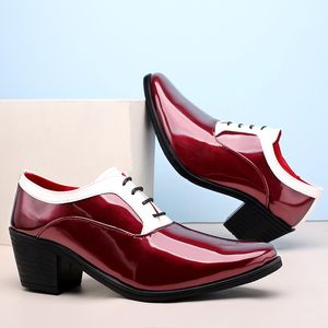 Clássico Glitter Leather Men's Dress Shoes Fashion Red Mirror Luxury Shoes Men Homens Sapatos de Salto de Altura Crescente Calçados Masculinos