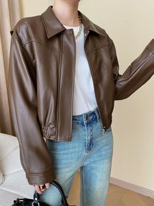 Frauen Leder Frauen Vintage Lose Zipper Drehen-unten Kragen Pu Faux Kurze Jacke Streetwear Weibliche Weiche Retro Mantel outwear