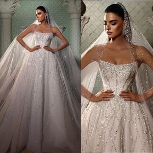 Lussuoso senza spalline A Line Abiti da sposa Perle Perline Abiti da sposa Abiti da sposa in pizzo con paillettes Custom Made