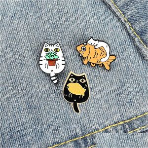 Alfinetes Broches Alfinete Desenhos Animados Gato Peixe Bonito Para Mulheres Engraçado Moda Vestido Casaco Camisa Demin Emblemas de Metal Mochila Presente Jóias Drop Delive Dhr04