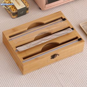 Other Kitchen Tools 3 In 1 Bamboo Wrap Dispenser Storage For Aluminum Foil With Cutter Cling Film Holder Accessories 230807