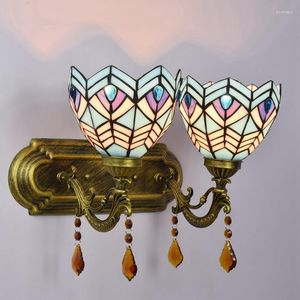 Wall Lamp Mediterranean Blue Bedroom Bedside Colorful Glass Vintage Pastoral Bar El Double-Headed Crystal