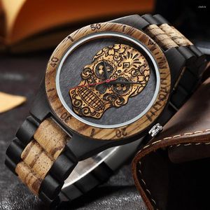 Armbanduhren Herrenuhren Armbanduhr Kreative 3D Schädel Quarz Holzuhr Handgelenk Halloween Uhr Geschenke Relogio Masculino