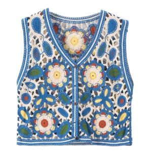 Women's Vests Lovely Women Summer Waistcoats Sleeveless Button Down Crochet Ins Floral Knit Cardigan Tops Ins Korean Female Outerwear M6CD 230808