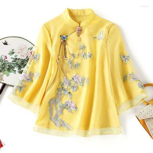 Blusas Femininas Cheongsam Plus Size Hanfu Tops 2023 Chiffon Bordado Emenda Estilo Chinês Traje Retro Tang Qipao Blusa Mulher