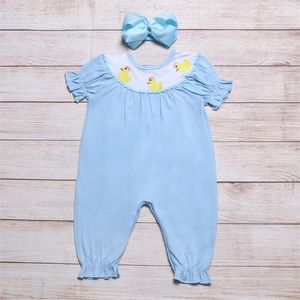 Clothing Sets 0 3 T Easter Girls Clothes Half Sleeve Bodysuit With Cartoon Ducks Embroidery Blue Toddler Romper Pure Cotton Jumpsuit 230807